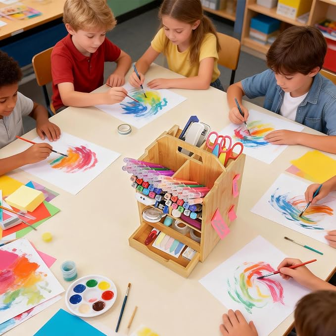 SOUJOY Bamboo Pen Holder Organizer, 360°Rotating Art Supply Storage Caddy - Image 7