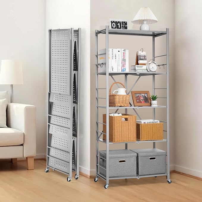 VEVOR 5-Tier Foldable Storage Shelf, 32W x 14D x 72H Inch Folding Metal Rack - Image 2