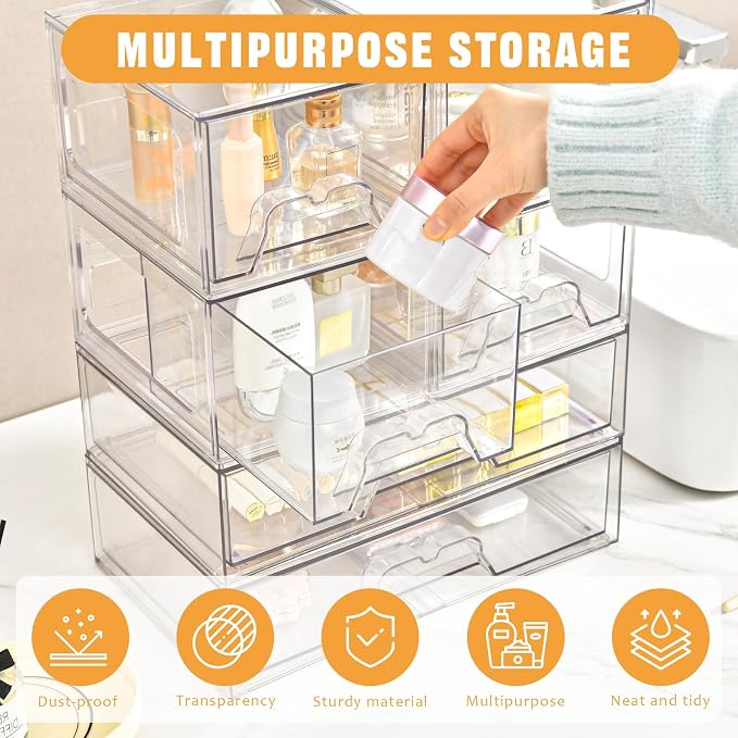 6 Pack Stackable Storage Drawers Clear Acrylic Organizer Makeup Bathroom - Image 4