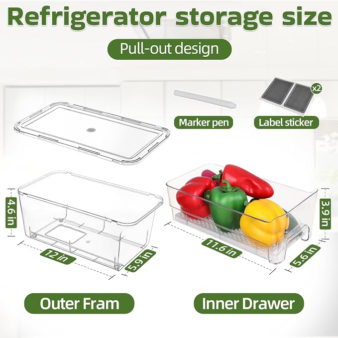 Large Fridge Organizer Drawers, 4 Pack Stackable Fruit and Vegetable Storage - Image 2