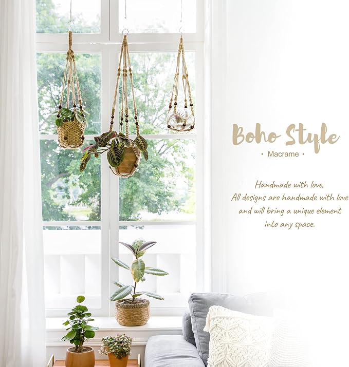 Mkono Macrame Plant Hanger Indoor 35 Inch Hanging Planter Basket Brown 1Pc | - Image 4