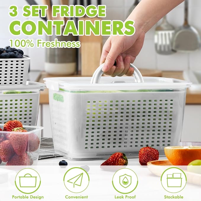 LUXEAR Produce containers for fridge, 3 Set Fruit Containers - Image 4