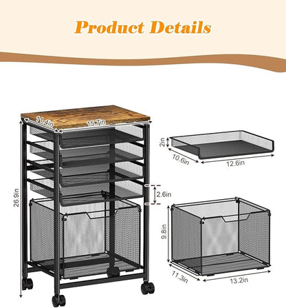 Feyejade Compact 5-Tier Rolling File Cart, Under Desk Metal Filing Cabinet | - Image 2