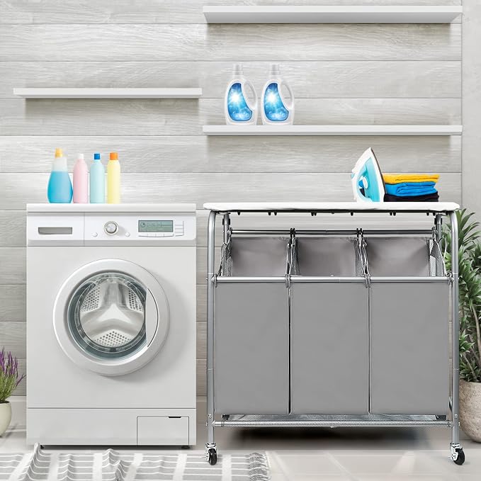 3 Bags Laundry Sorter Cart, Heavy Duty Rolling Laundry Hamper Sorter - Image 2