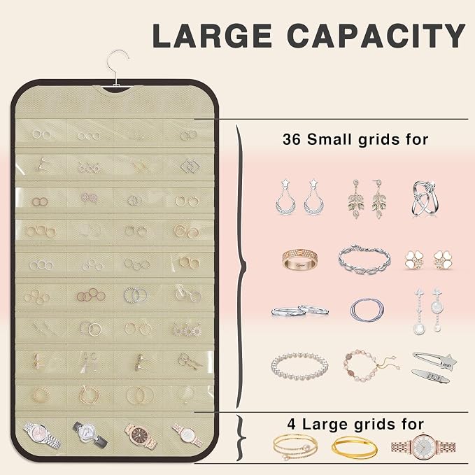Hanging Jewelry Organizer Storage, 40 Pockets 36 Hooks Necklace Earring - Image 6