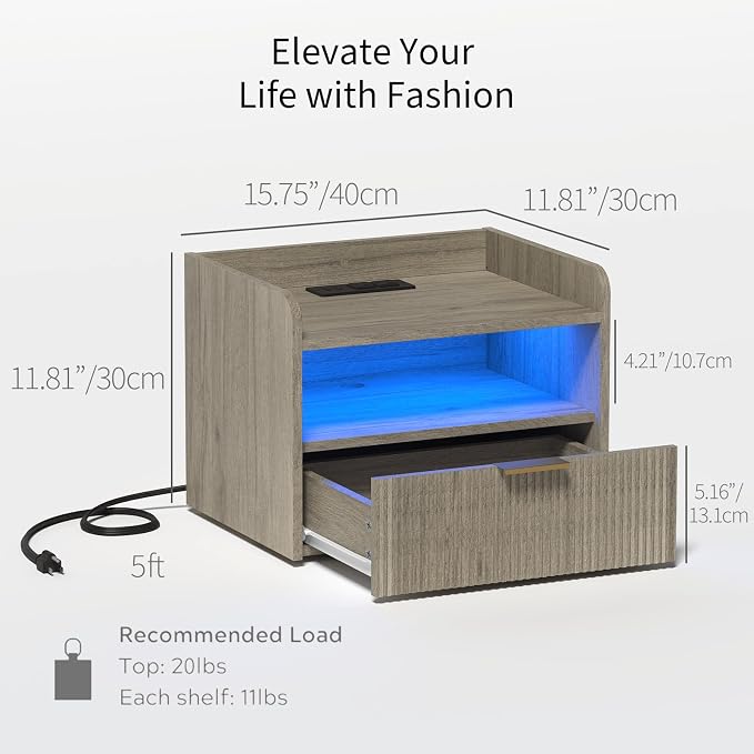 White Floating Nightstand with Charging Station and LED Lights - Image 2