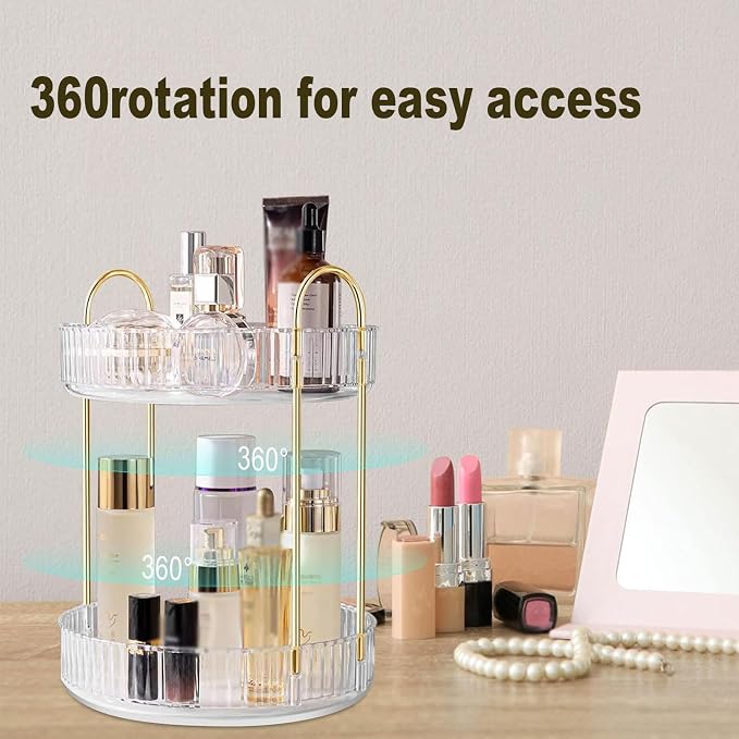 2 Tiers Makeup Organizer for Vanity, Large Capacity Rotating Bedroom Dresser - Image 3