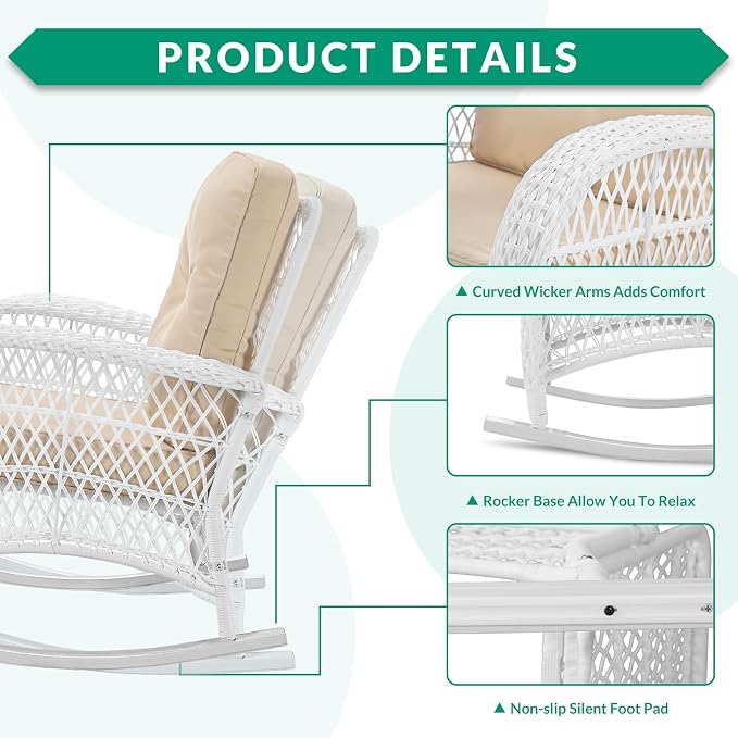 VIVIJASON 2 Piece Patio Wicker Rattan Rocker Chair, Outdoor Rattan Rocker Chair - Image 4