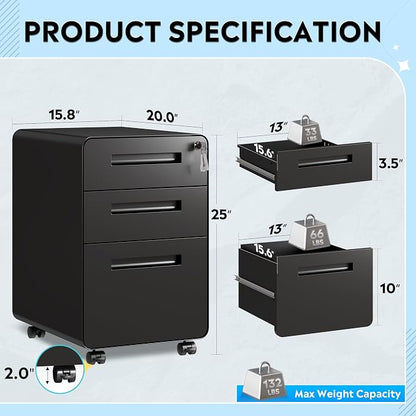 DEVAISE 3-Drawer File Cabinet, Thickened Metal Mobile Filing Cabinet - Image 3