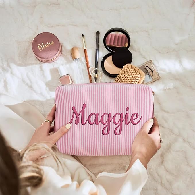 Personalized Seersucker Makeup Bag - Image 7