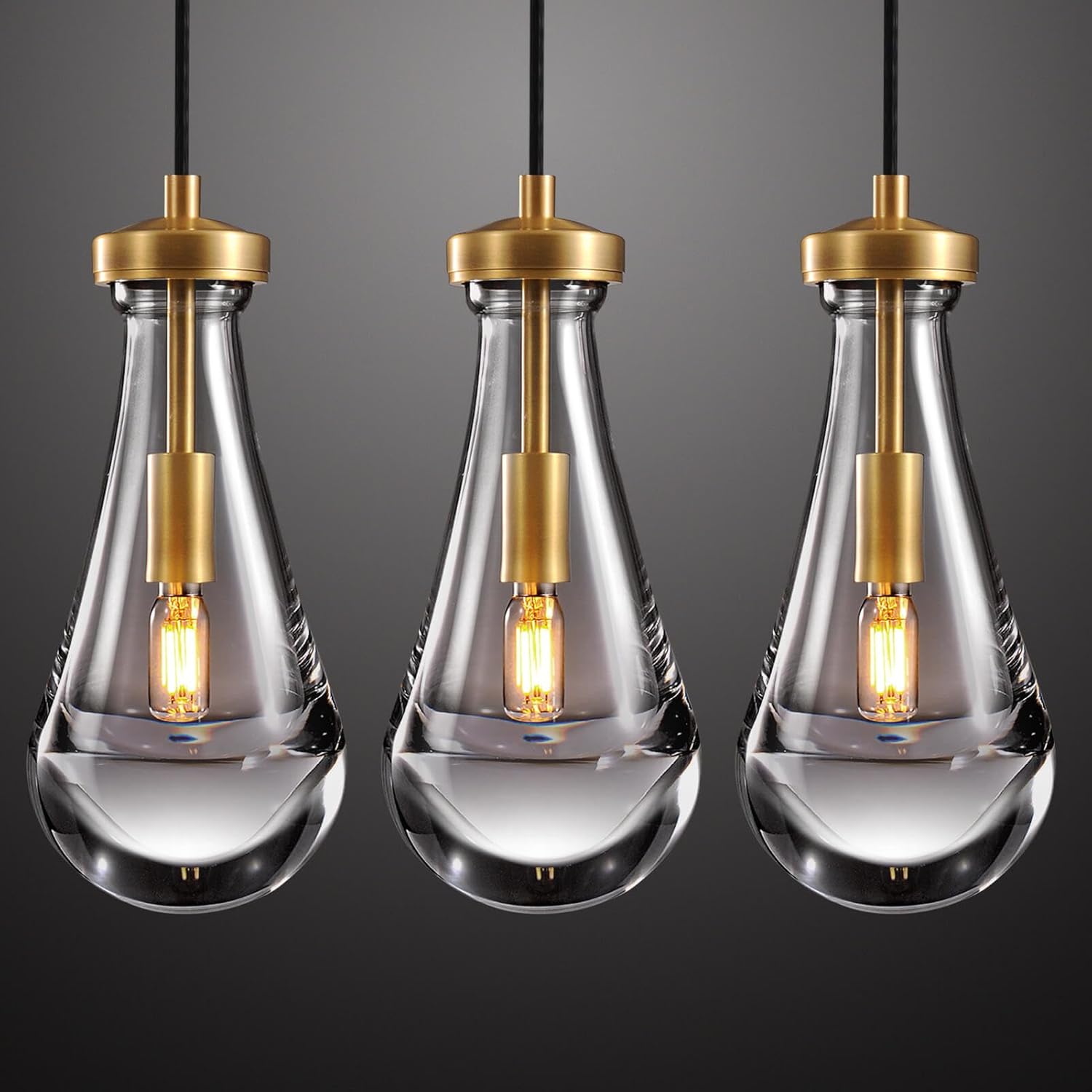 Raindrop Pendant Lights Set of 3, Pendant Lights Kitchen Island 3 Pack, Teardrop Glass Pendant Lights for Bedroom Bathroom, Island Lights, Chandelier for Living Room Hallway, Bulb Included