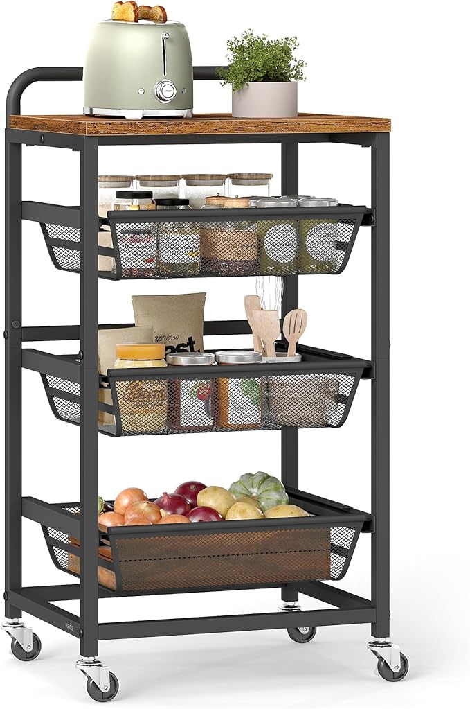 VASAGLE Storage Cart with Pull-Out Baskets, 4-Tier Kitchen Cart with Wheels by VASAGLEbySONGMICSHOME