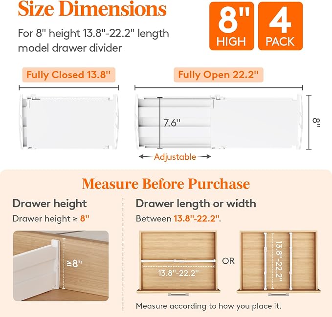Lifewit 8" High 4 Pack Deep Drawer Dividers, 13.8-22.5" Adjustable Dresser - Image 3