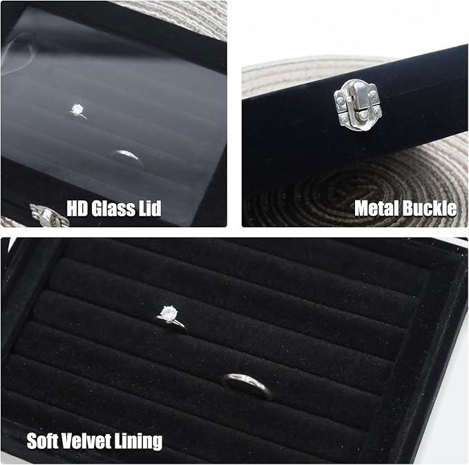 Small Velvet Jewelry Tray with Clear Lid, 8 Rolls Black | Lockable Ring Earring - Image 3