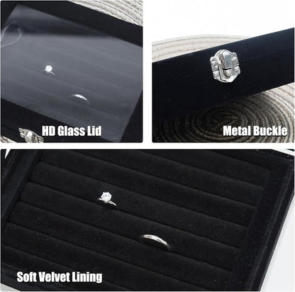 Small Velvet Jewelry Tray with Clear Lid, 8 Rolls Black | Lockable Ring Earring - Image 3