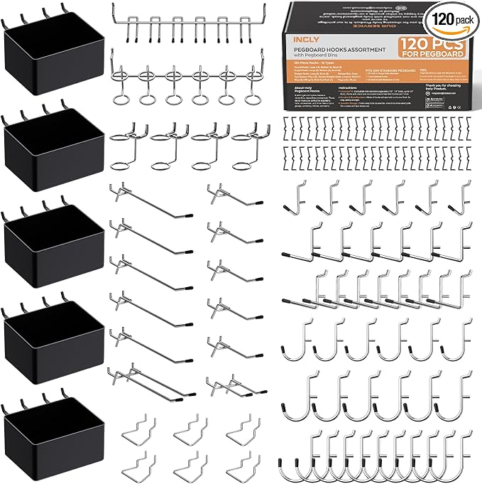 INCLY 120PCS Pegboard Accessories Organizer Kit, Peg Board Hooks Assortment by INCLY