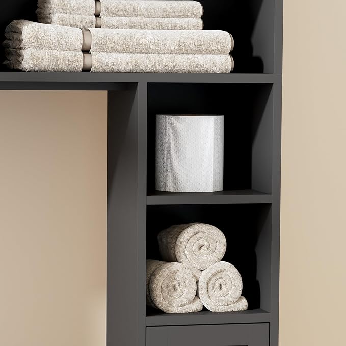 Homhedy Wooden Over The Toilet Storage Cabinet, Natural and Black | Bathroom - Image 9
