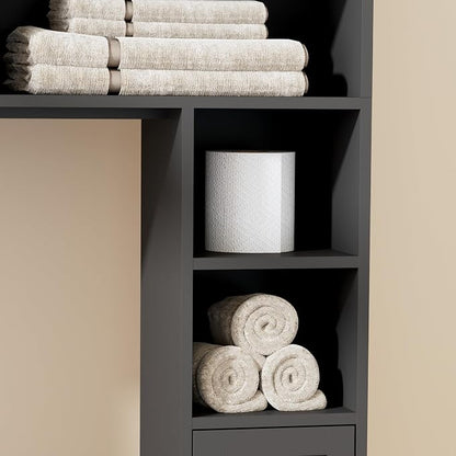 Homhedy Wooden Over The Toilet Storage Cabinet, Natural and Black | Bathroom - Image 9