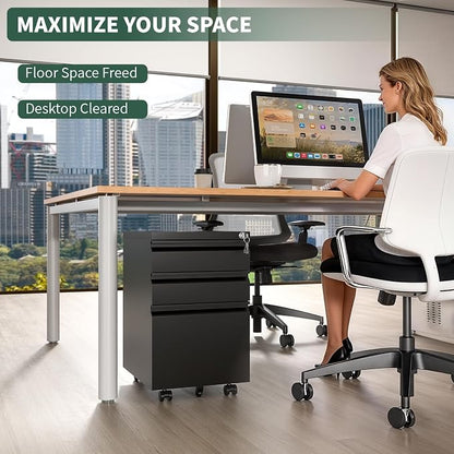 3 Drawer File Cabinet with Lock, Under Desk Rolling Small Filing Cabinet - Image 4