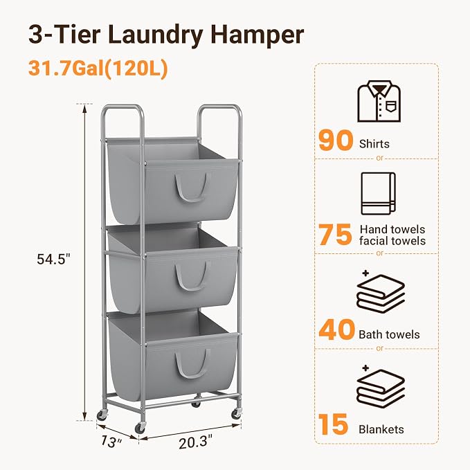 ELYKEN 120L Vertical Rolling Laundry Hamper - Image 3