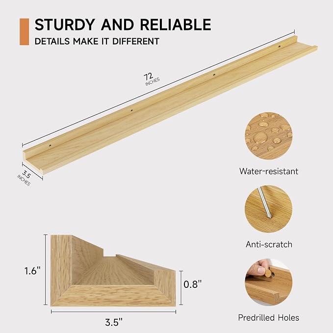 Floating Picture Ledge Shelves for Wall Set of 2, 72 Inches Picture Ledge Shelf - Image 3