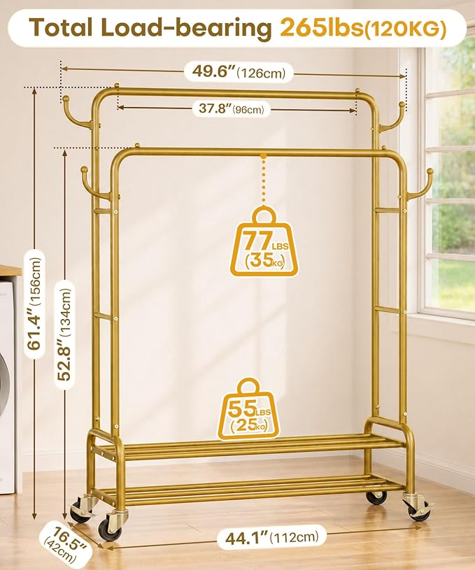 Homde Heavy Duty Clothes Rack: 265lb Rolling Double Rod Garment Hanging - Image 5