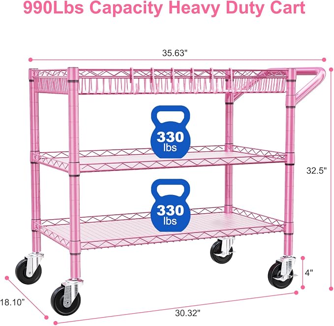 Pink Rolling Utility Cart with Wheels, 990Lbs Heavy Duty Metal Cart with Handle - Image 4