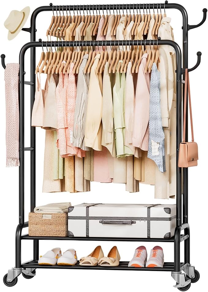 Homde Heavy Duty Clothes Rack: 265lb Rolling Double Rod Garment Hanging by Homde