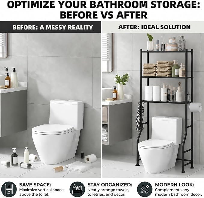 GloTika 3-Tier Over Toilet Storage, 150lb Capacity, Carbon Steel, Freestanding - Image 7
