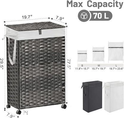 70L Slim Laundry Hamper with Lid & Wheels, 2-Park Rolling Laundry Basket with 4 - Image 4