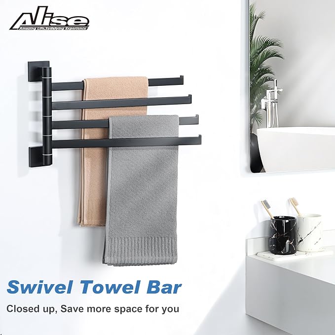 Alise 4 Arm Swivel Towel Rack, Matte Black Swivel Out Towel Bar, 13.58 Inch | - Image 2