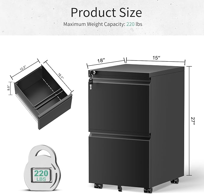 Bonusall 2 Drawer File Cabinet, Metal Rolling File Cabinets - Image 3