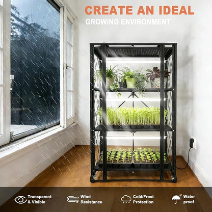 Indoor Greenhouse with Grow Light, 4-Tier Foldable Metal Plant Shelf with Full - Image 4