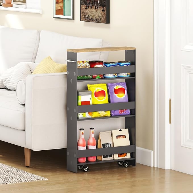 Small Kitchen Cart, 4-Tier Slim Rolling Island w/Handle, Laundry Room Storage - Image 3