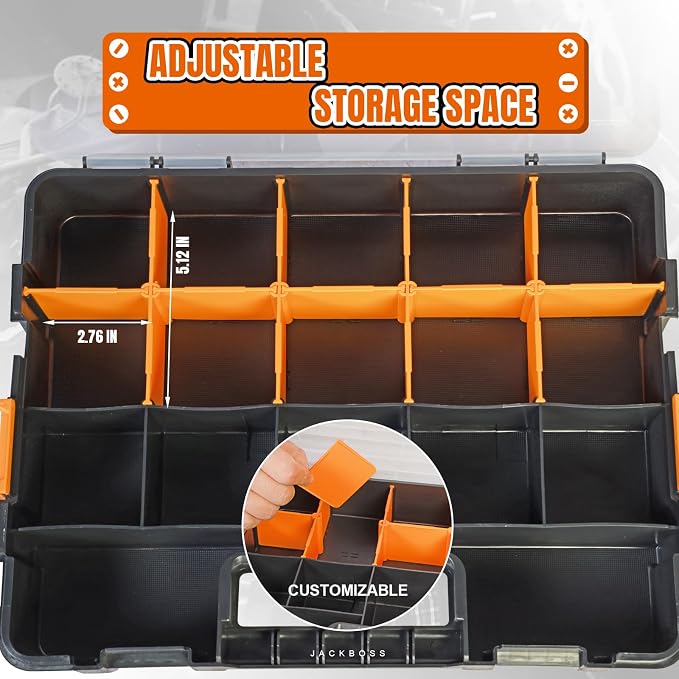 Jack Boss Tool Box with Transparent Lid, Single Side 17-Compartments Organizer - Image 3