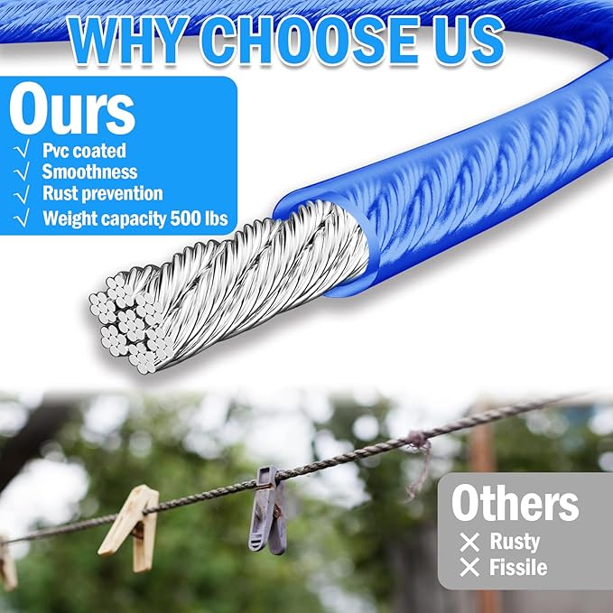 40ft Clothes Line Outdoors 3/16" Wire Ropes Blue PVC Coating Laundry Drying - Image 4