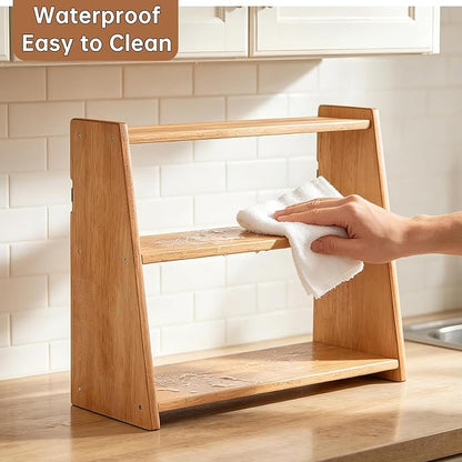 100% Solid Rubber Wood Spice Rack, 3 Tier Freestanding & Wall Mounted Kitchen - Image 7