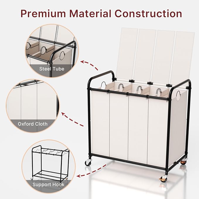 180L Laundry Sorter 4 Section – Heavy Duty Rolling Laundry Basket - Image 7