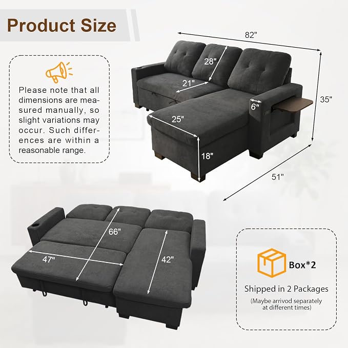 KCGKCG 82" L Shaped Sleeper Sofa Bed, Pull Out Couch Bed - Image 2