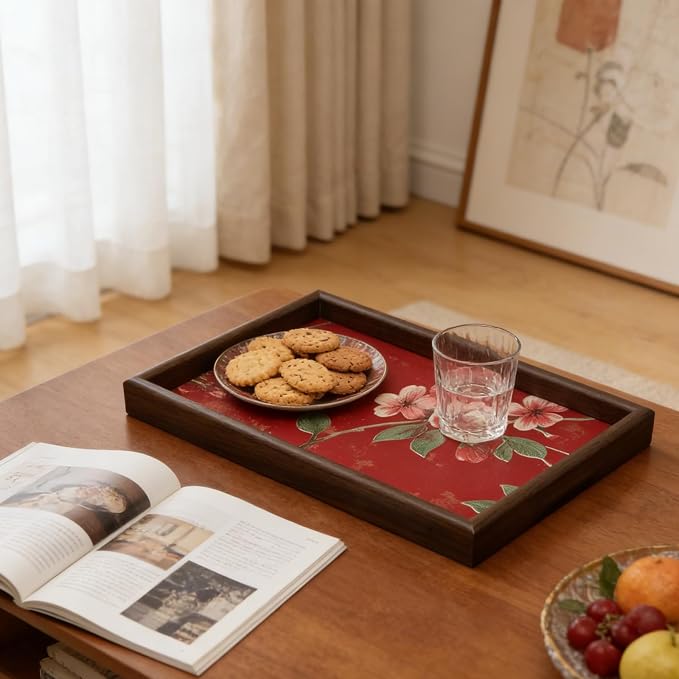 Wooden Valet Tray with Floral Base, EDC Catch All Tray Nightstand Entryway - Image 5