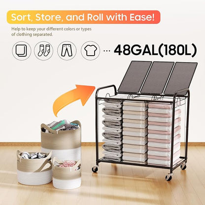180L Laundry Sorter 3 Section, Rolling Laundry Basket - Image 6