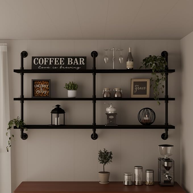 HDDFER Industrial Pipe Shelving Rustic Black Pipe Wall Shelves Industrial - Image 3