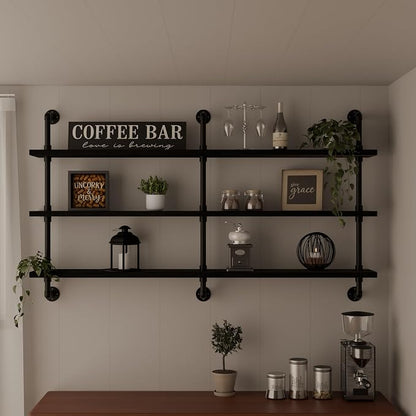 HDDFER Industrial Pipe Shelving Rustic Black Pipe Wall Shelves Industrial - Image 3