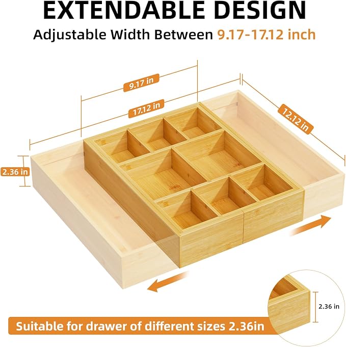 Marbrasse Bamboo Expandable Drawer Organizer, Desk Drawer Organizer Tray - Image 2