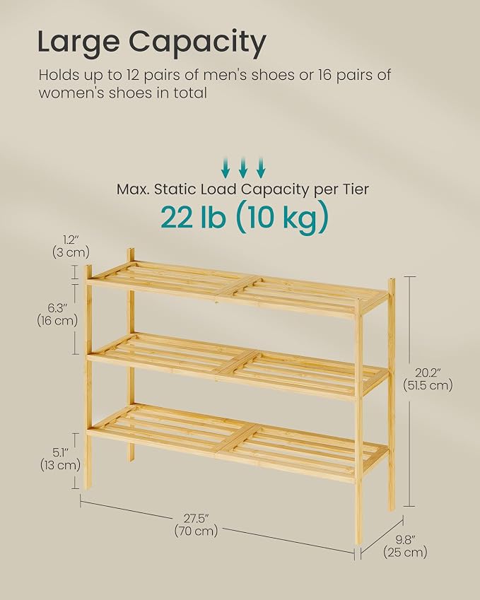 SONGMICS Bamboo Shoe Rack for Closet, Stackable Shoe Oragnizer - Image 3