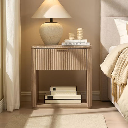 Fluted Nightstand with Drawer, Bedside Table with Faux Marble-Top, Engineered - Image 7