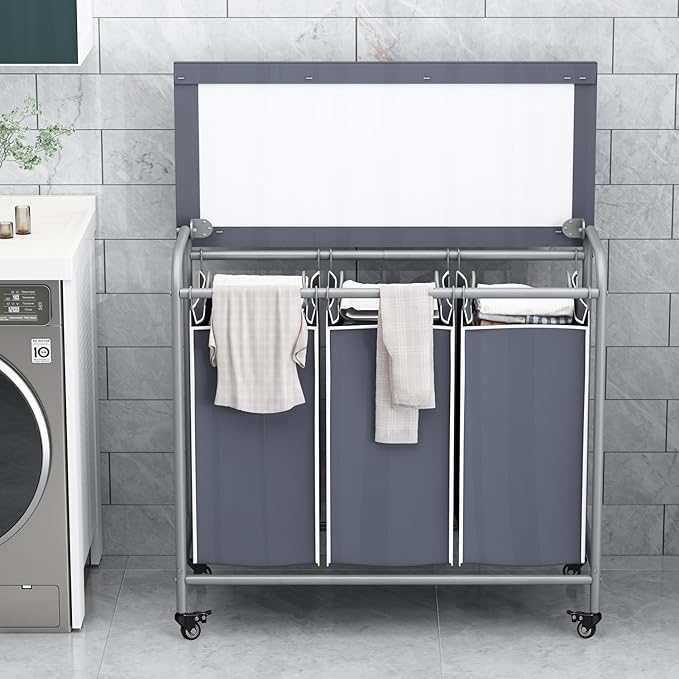 LINZINAR 3 Bag Laundry Basket Sorter Heavy Duty Rolling Lockable Wheels Laundry - Image 3