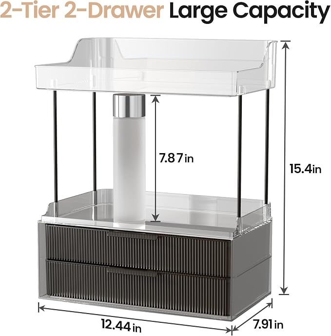 Delamu Bathroom Organizers and Storage, 2 Tier 2 Drawer Makeup Organizer - Image 2