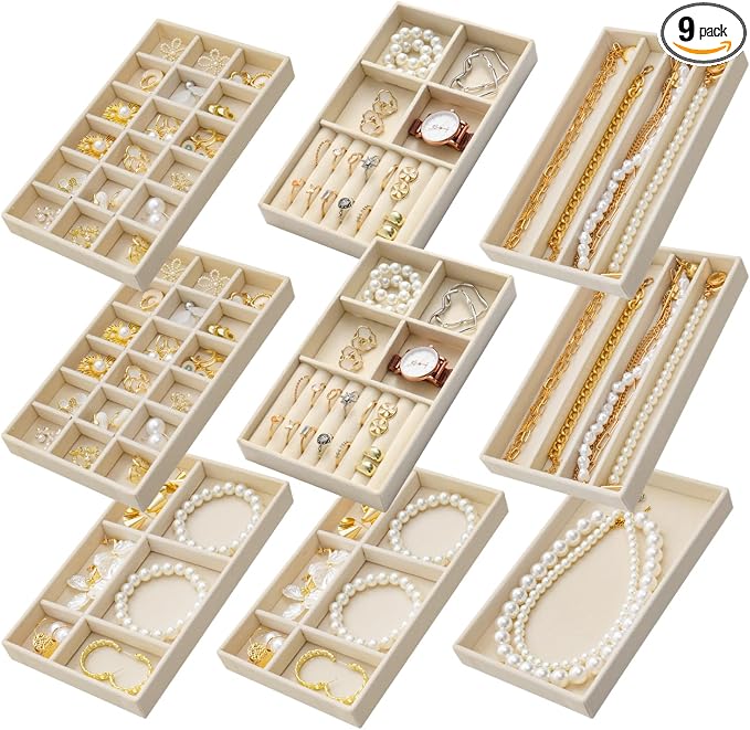 Stackable Jewelry Organizer Trays Set of 9, Small Velvet Jewelry Organizers by SPAKOWN