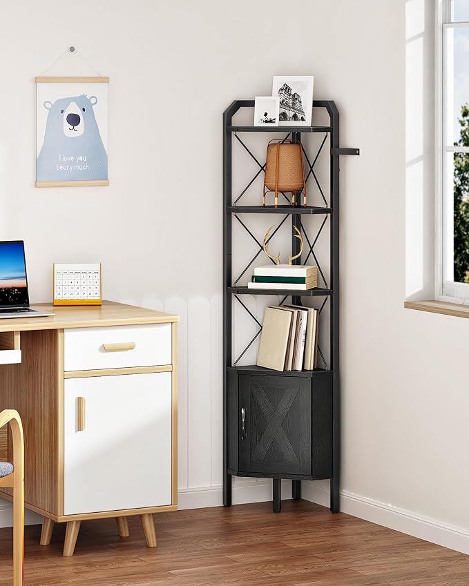 62.2" Corner Shelf with Cabinet, 4-Tier Tall Corner Bookshelf with X-Shaped and - Image 7